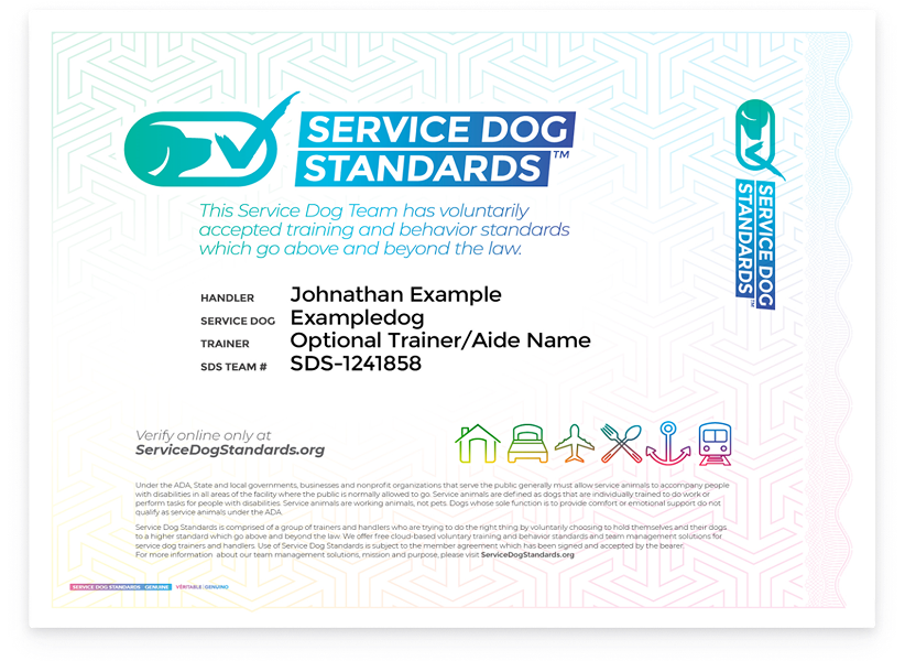 Example Service Dog certificate